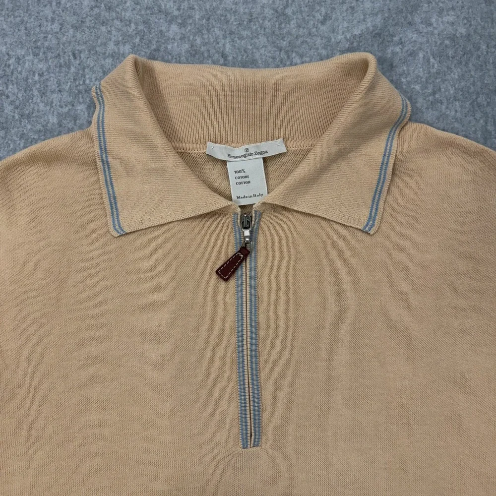 Ermenegildo Zegna Sweater Mens L Beige 1/4 Zip Cotton Pullover